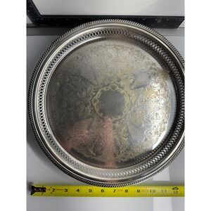 F‎ B Rogers Silver Plated Round Serving Tray Ornate Filigree Rim Etched